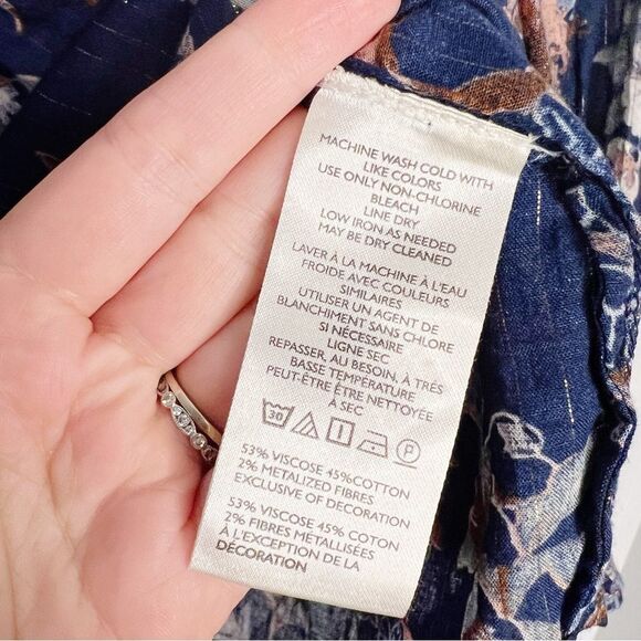 By Anthropologie Long-Sleeve Smocked Lurex Top Size S Blue Floral Print boho - Picture 12 of 13